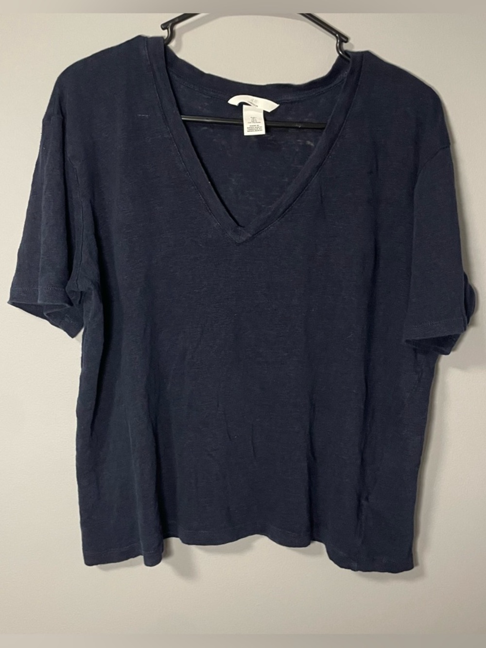 H&M 100% Linen Navy V-Neck Short Sleeve Tee Women’s Large T-Shirt Summer Crop